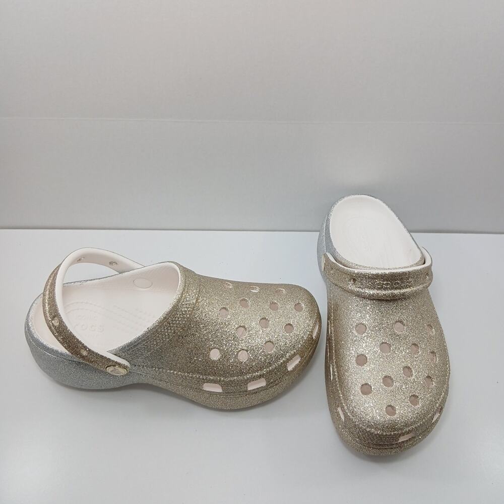 Croc Platform Glitter Ombre Silver Gold Slip on Classic High Heel Clogs Size 7 - Picture 9 of 16